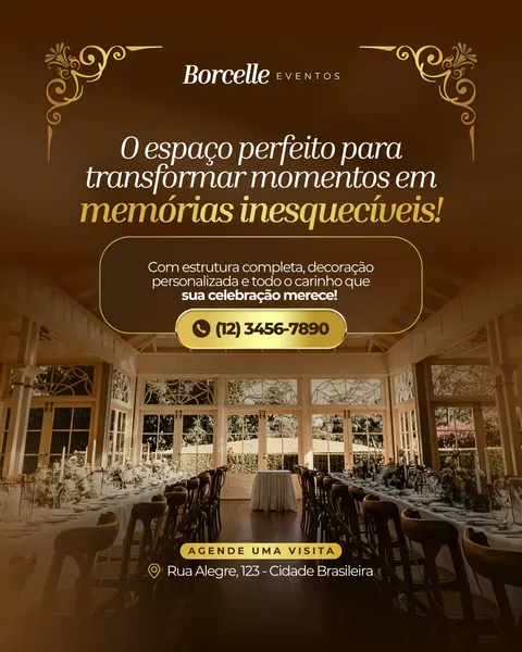 Post para Instagram em tons de marrom e dourado, exibindo um salão de festas luxuoso com mesas longas postas, cadeiras de madeira e grandes janelas. O ambiente elegante é ideal para casas de eventos, buffets e espaços de celebração que buscam promover agendamentos de visitas.