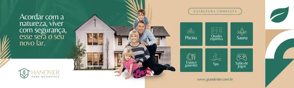 Banner horizontal para incorporadora imobiliária com fundo verde e bege. Apresenta uma família feliz em frente a uma casa moderna, com ícones de lazer como piscina, quadra, spa e salão de jogos. O texto destaca 'Acordar com a natureza, viver com segurança'.