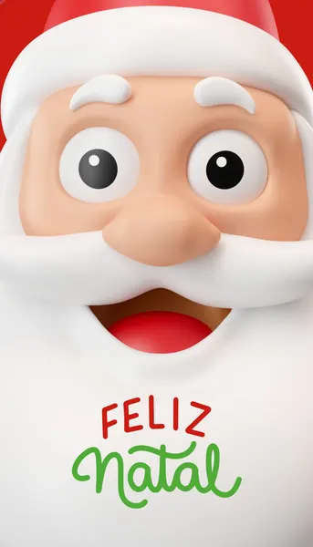 Template de Story/Reels de Natal com close-up de um Papai Noel 3D sorridente, gorro vermelho e barba branca. A frase "FELIZ NATAL" em fontes divertidas, com "FELIZ" em vermelho e "Natal" em verde, sobre fundo branco. Design festivo e moderno, ideal para posts de fim de ano e mensagens de celebração.