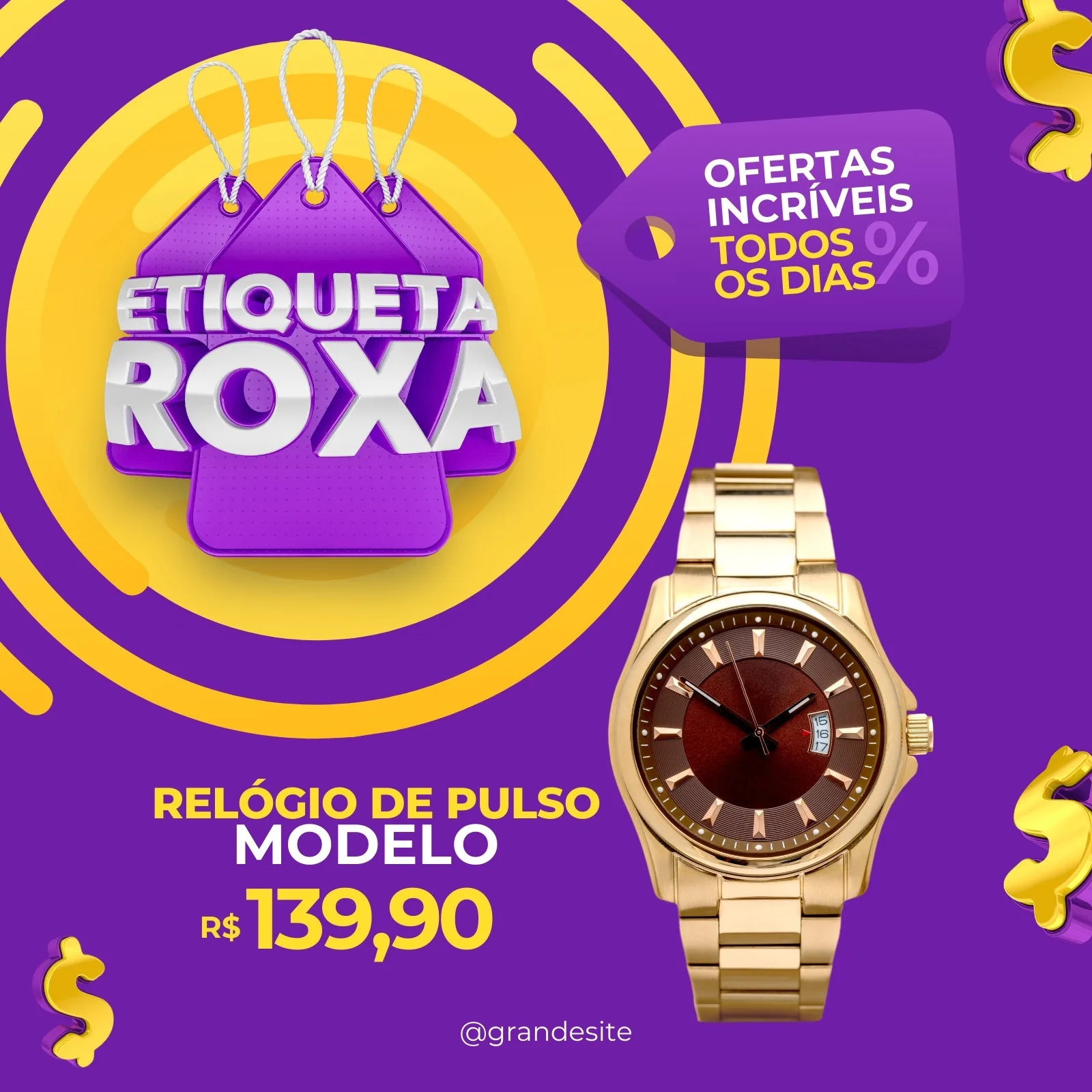 Template de post para Instagram com o título 'Etiqueta Roxa Ofertas E Descontos'. Um relógio de pulso dourado em destaque, com preço promocional e elementos gráficos roxos e amarelos.