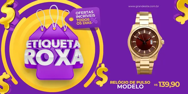 Banner horizontal roxo e amarelo com o texto 'Etiqueta Roxa' em destaque, um relógio dourado e símbolos de dólar. Promove ofertas e descontos em lojas de comércio.