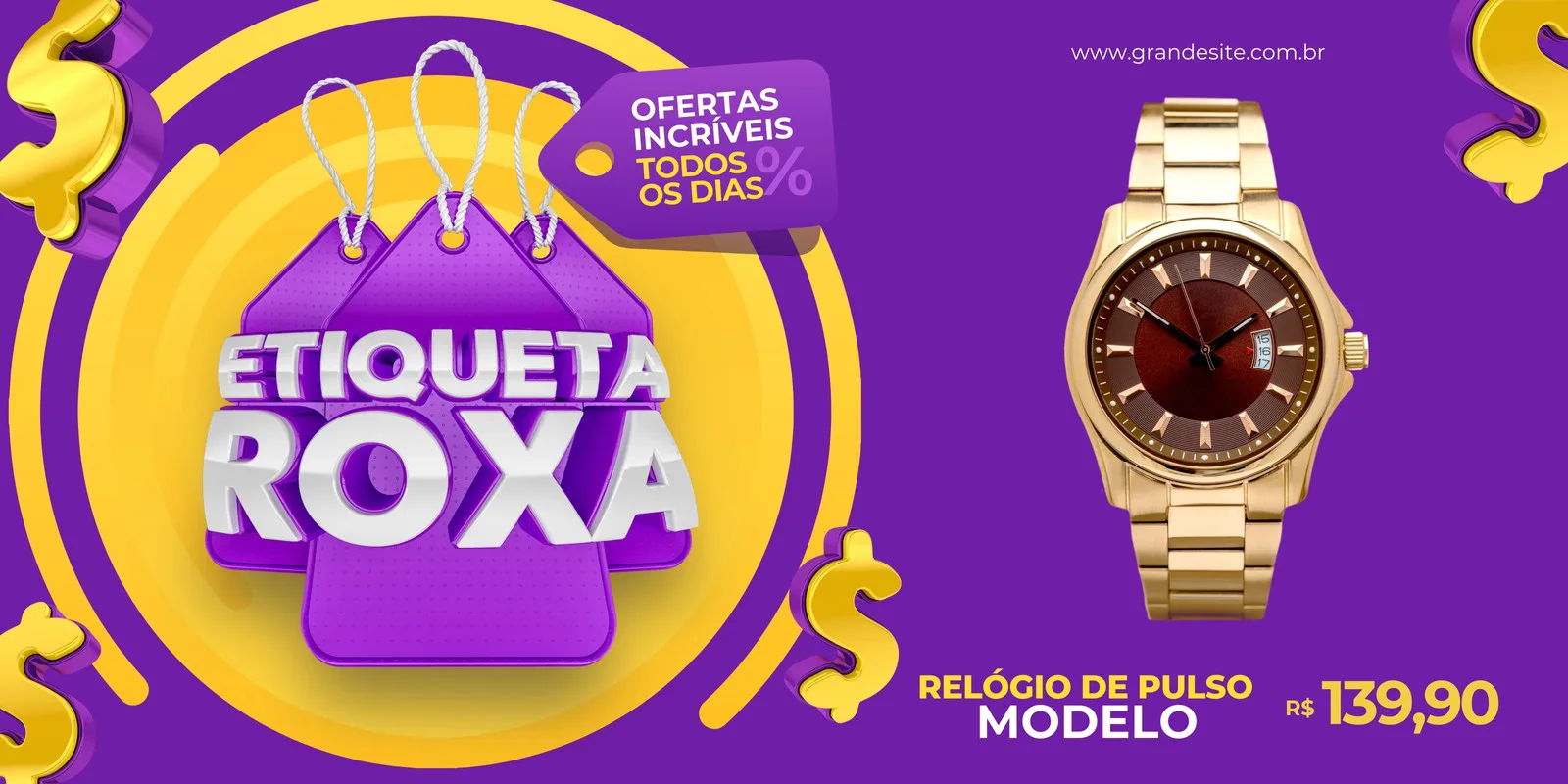 Banner horizontal roxo e amarelo com o texto 'Etiqueta Roxa' em destaque, um relógio dourado e símbolos de dólar. Promove ofertas e descontos em lojas de comércio.