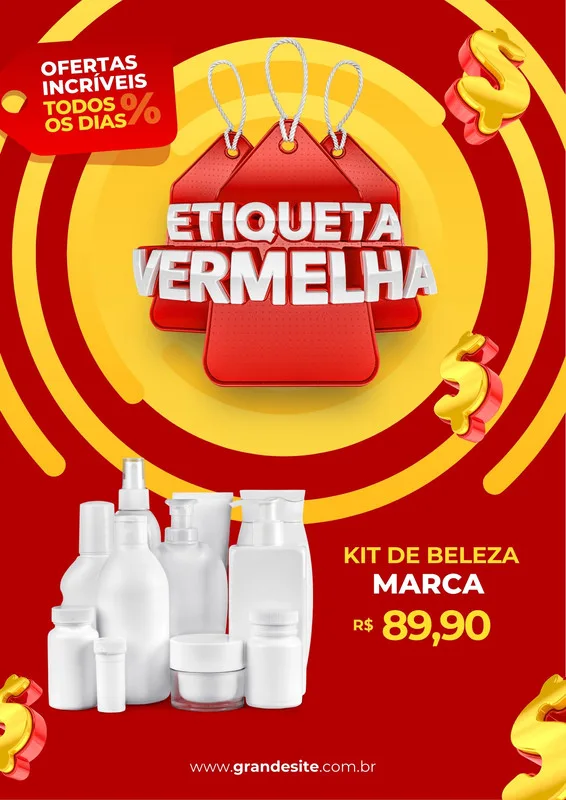 Template de post para redes sociais com fundo vermelho e amarelo em círculos concêntricos. Destaca a frase 'Etiqueta Vermelha Liquidação e Ofertas' com etiquetas vermelhas suspensas e um kit de produtos de beleza brancos. Símbolos de cifrão dourados decoram os cantos.