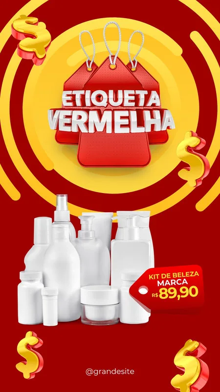 Template de Story para Instagram com o título 'Etiqueta Vermelha Liquidação E Ofertas'. O design apresenta um fundo vermelho com círculos amarelos concêntricos, ícones de cifrão dourado e uma coleção de frascos brancos de produtos de beleza, com uma etiqueta vermelha indicando um kit com preço.