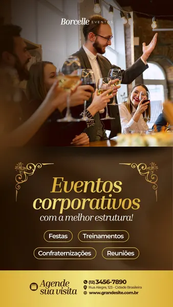 Story para Instagram em marrom e dourado, design elegante. Mostra pessoas brindando em evento corporativo. A seção inferior destaca 'Eventos corporativos com a melhor estrutura!', listando festas, treinamentos e reuniões, com detalhes ornamentados. Inclui chamada para agendamento e contato, ideal para espaços de eventos e produtoras.