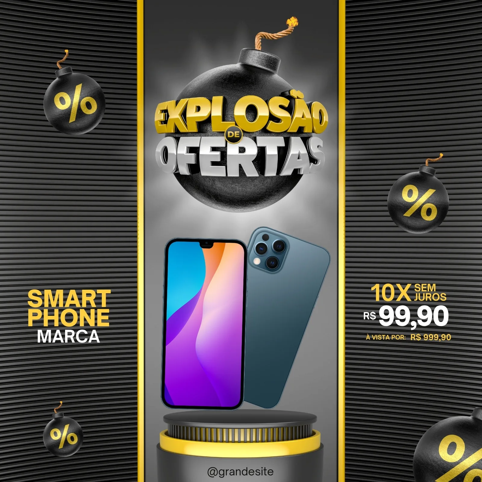 Template de post para redes sociais com fundo preto e detalhes em amarelo. Destaca um smartphone moderno em um pedestal, com o texto 'Explosão de Ofertas' e informações de preço. Bombas com símbolo de porcentagem adicionam um toque de urgência à promoção.