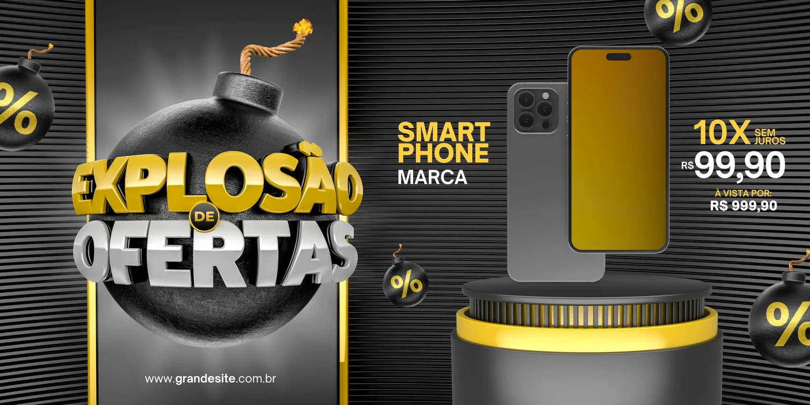 Banner horizontal em preto e amarelo com o tema 'Explosão de Ofertas' para loja de smartphones. Apresenta um smartphone moderno em destaque, preço promocional parcelado e à vista, e elementos gráficos como bombas com porcentagem.
