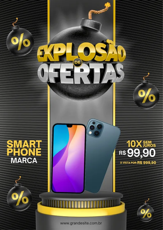 Template de post para redes sociais com fundo preto texturizado e detalhes em amarelo. Um grande balão de explosão com o texto 'Explosão de Ofertas' em 3D, rodeado por bombas com símbolo de porcentagem. Dois smartphones modernos em destaque, com preço promocional e condições de parcelamento.