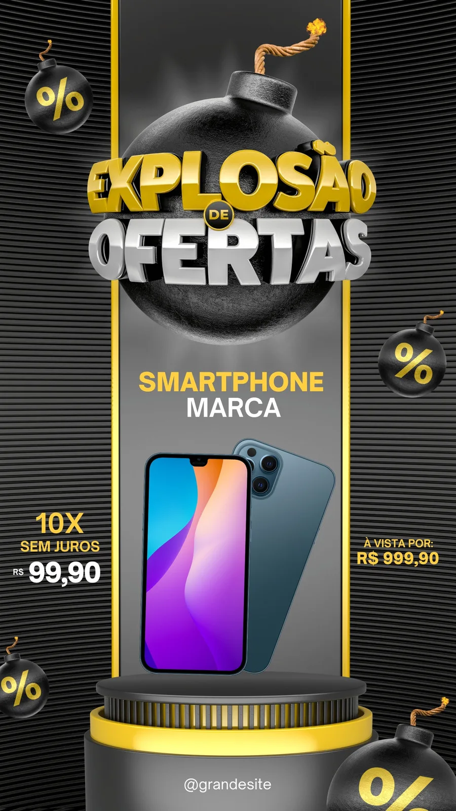 Um template de Story para Instagram com o tema 'Explosão de Ofertas', apresentando um smartphone moderno em destaque. O design utiliza cores preto, vermelho e dourado, com elementos gráficos de bombas e porcentagens, ideal para promoções de tecnologia.