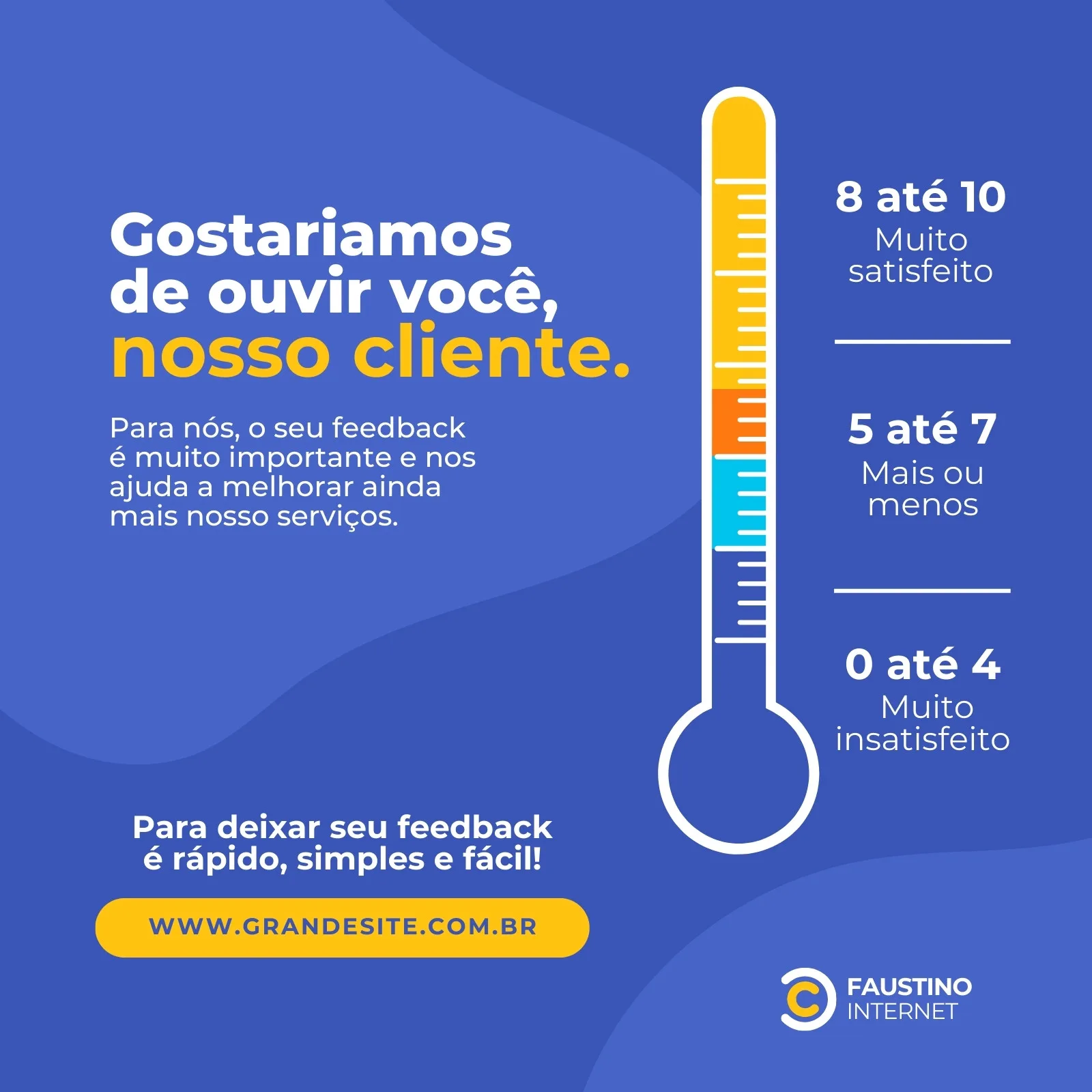 Post para redes sociais com fundo azul e um termômetro indicando níveis de satisfação do cliente. O texto principal diz 'Gostaríamos de ouvir você, nosso cliente', convidando para dar feedback via site.