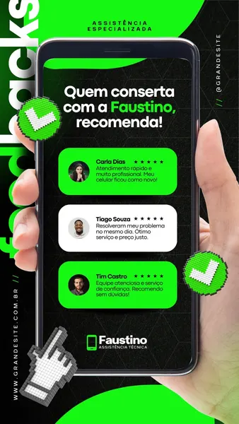 Template de Instagram Story para assistência técnica de smartphones, com fundo preto e detalhes em verde neon. Exibe depoimentos de clientes satisfeitos com fotos e estrelas de avaliação, além do logo da empresa e ícones de 'check'.