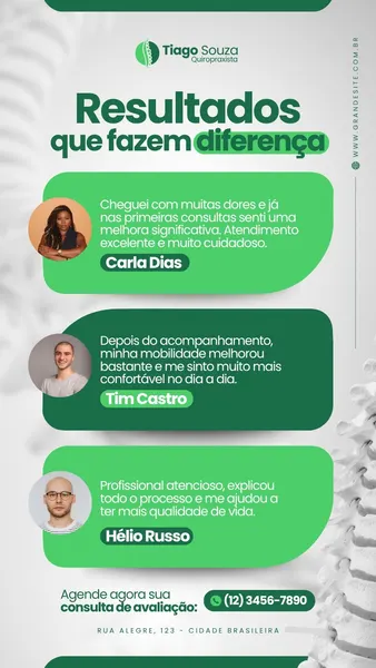 Story de Instagram para quiropraxista com fundo branco e verde. Apresenta depoimentos de pacientes satisfeitos, com fotos e nomes, destacando a melhora na qualidade de vida e alívio de dores. Inclui um botão de CTA para agendamento.