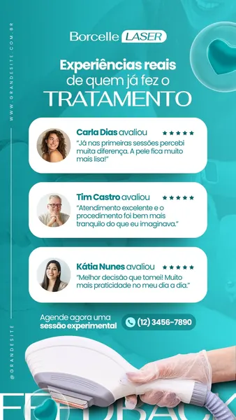 Story do Instagram com fundo azul turquesa e branco, exibindo depoimentos de clientes satisfeitos com tratamentos estéticos, incluindo fotos, citações e estrelas de avaliação. Um aparelho de depilação a laser é mostrado na parte inferior, com um convite para agendar uma sessão experimental.