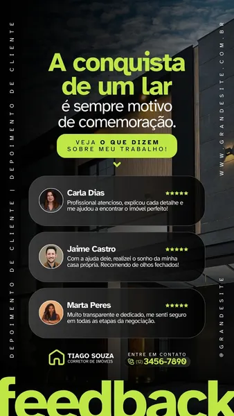 Template de Story para Instagram com fundo escuro e elementos em verde neon, exibindo depoimentos de clientes sobre um corretor de imóveis. Inclui fotos, nomes, avaliações em estrelas e informações de contato.