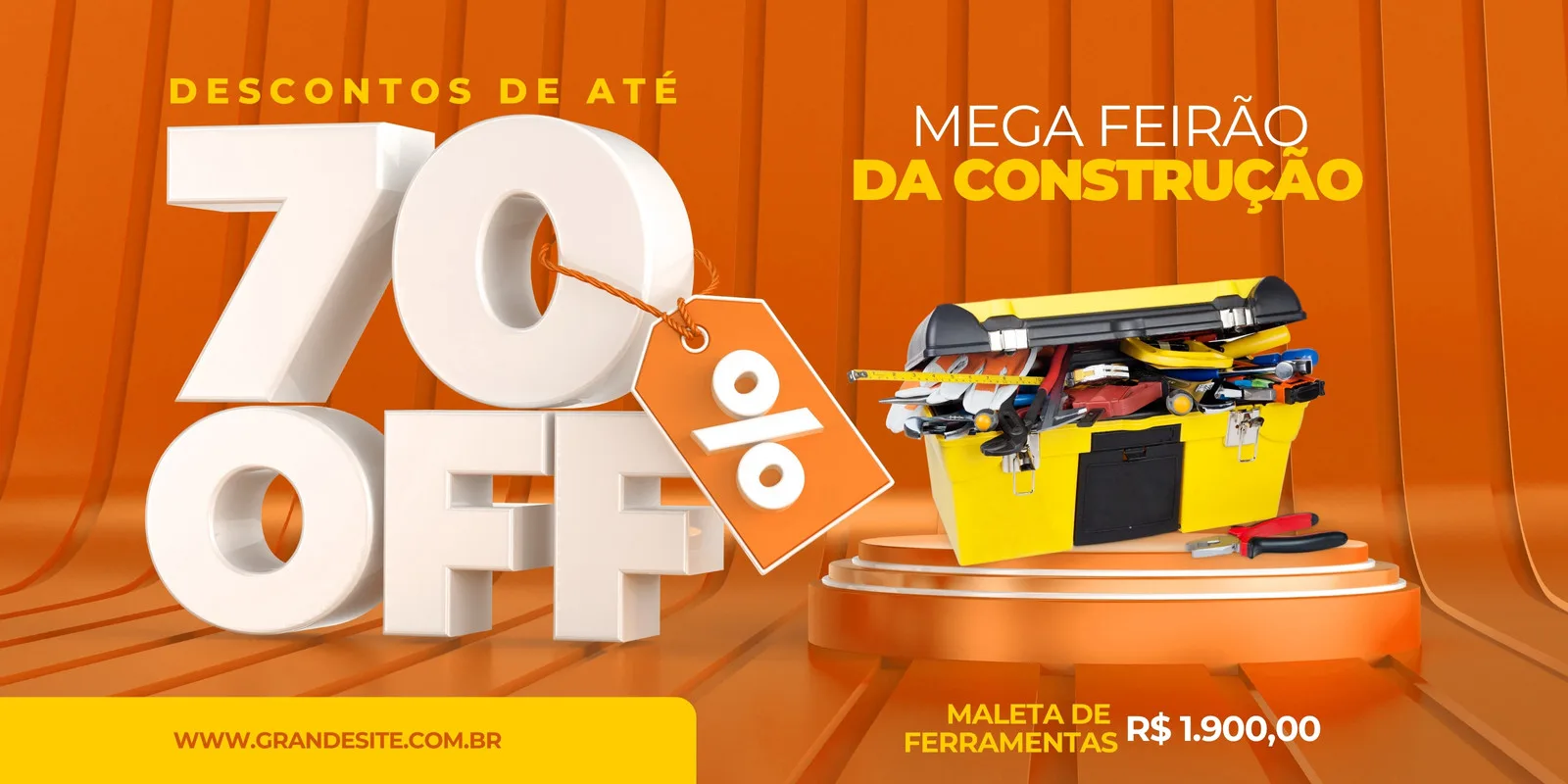 Banner horizontal para "Mega Feirão da Construção" com fundo laranja vibrante. Destaque para "Descontos de até 70% OFF" em letras brancas 3D e uma maleta de ferramentas amarela cheia de itens. Inclui o site "WWW.GRANDESITE.COM.BR".