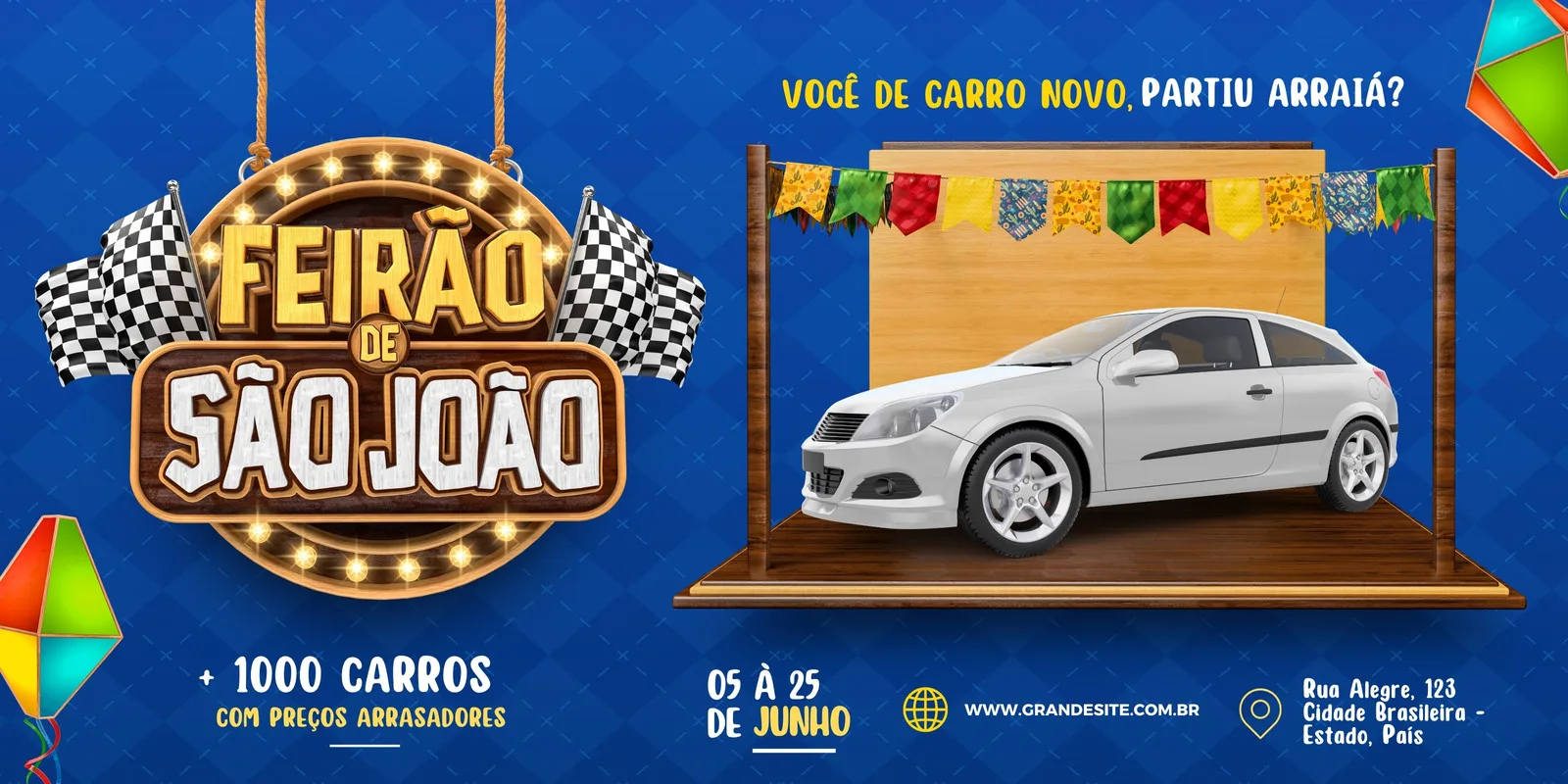 Banner horizontal azul com tema de Festa Junina para um feirão de carros. Destaca o título 'Feirão de São João', uma bandeira quadriculada, balões coloridos e um carro branco em exposição, com texto sobre '1000 carros' e 'preços arrasadores'.