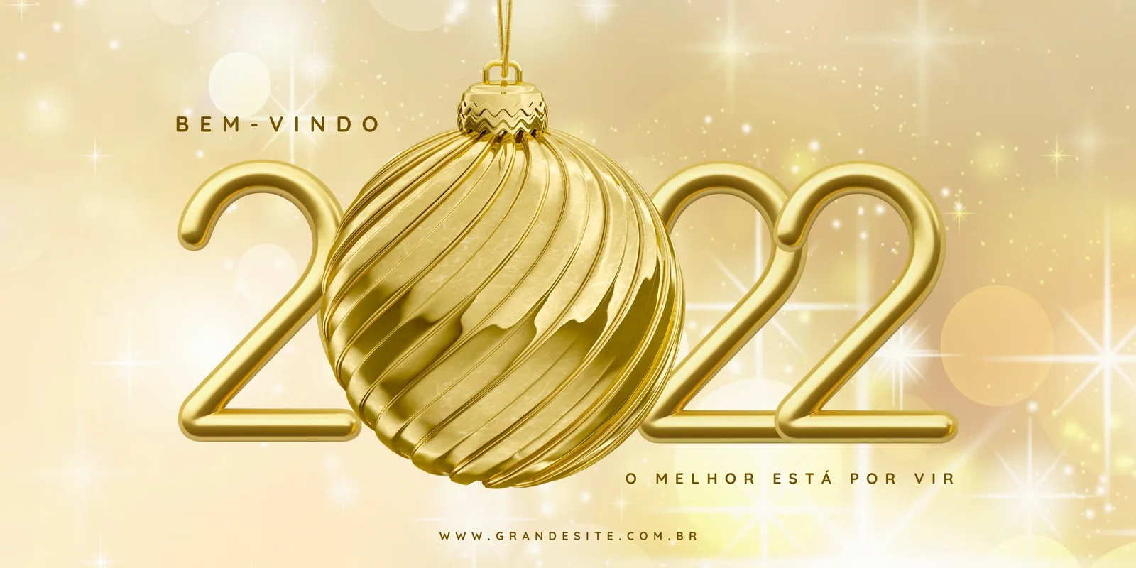 Banner horizontal com a numeração dourada '2022', apresentando uma bola de enfeite de Natal dourada no centro do '0'. O fundo é um degradê dourado com brilhos e bokeh, transmitindo uma atmosfera festiva e luxuosa de Ano Novo.