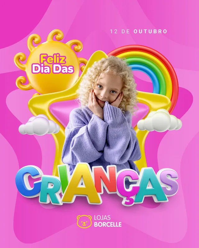 Um post para redes sociais com o tema Dia das Crianças, apresentando uma menina sorridente cercada por elementos lúdicos como um sol sorridente, arco-íris e nuvens, com a palavra 'CRIANÇAS' em destaque. O design é vibrante e colorido, com tons de rosa, amarelo e azul.