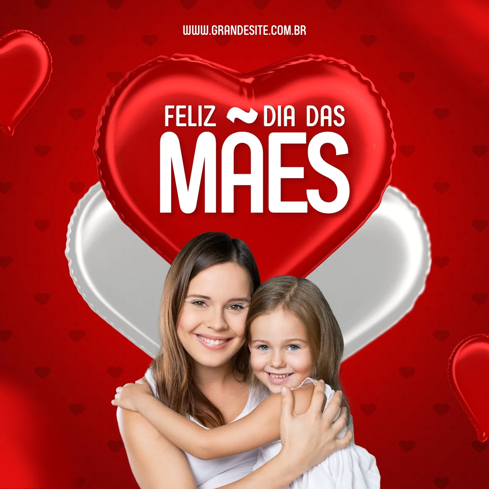 Um post de Instagram para o Dia das Mães com um grande balão em forma de coração vermelho e branco ao fundo. Uma mulher e uma menina sorriem abraçadas, com balões vermelhos em forma de coração nas laterais.