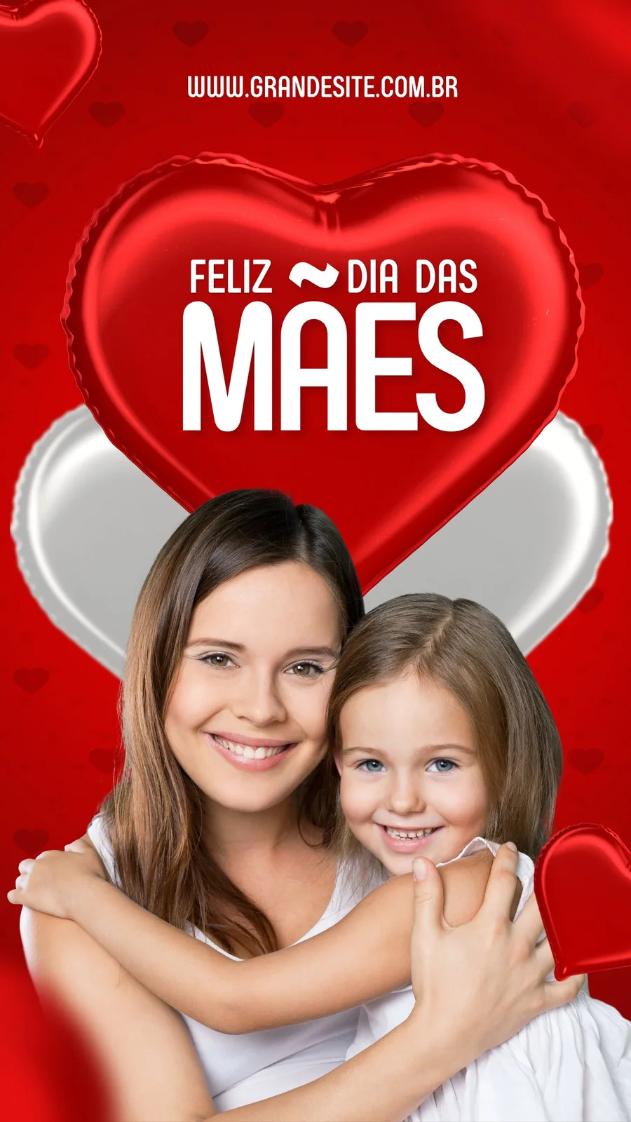 Template de Story para Instagram com o tema Feliz Dia das Mães. Uma mulher abraça uma criança com carinho, em um fundo vermelho com corações brilhantes e balões em forma de coração. Ideal para mensagens de amor e celebração.