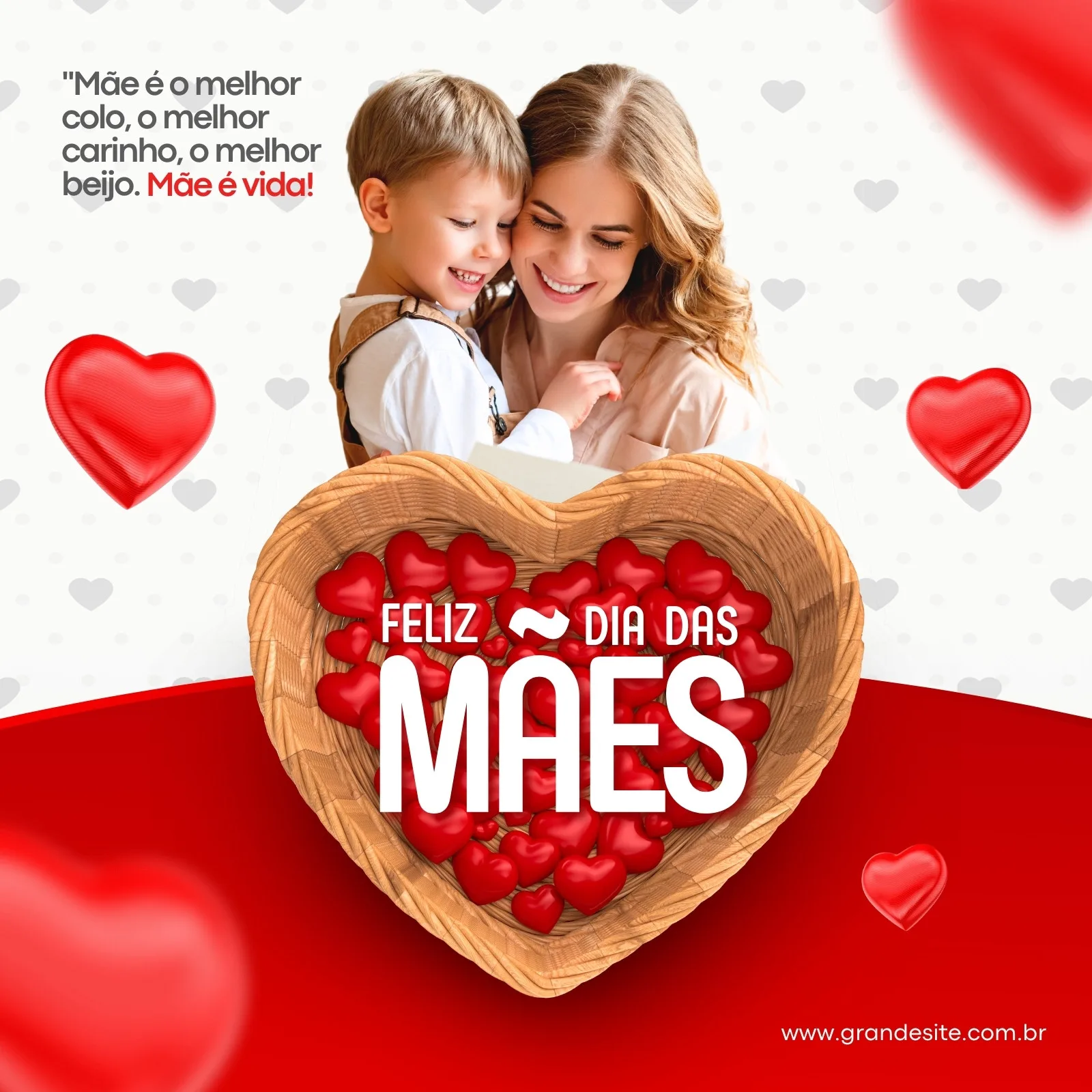 Post para Instagram e Facebook com tema de Dia das Mães. Uma mãe abraça carinhosamente seu filho, com corações vermelhos e a mensagem 'Feliz Dia das Mães' em destaque.