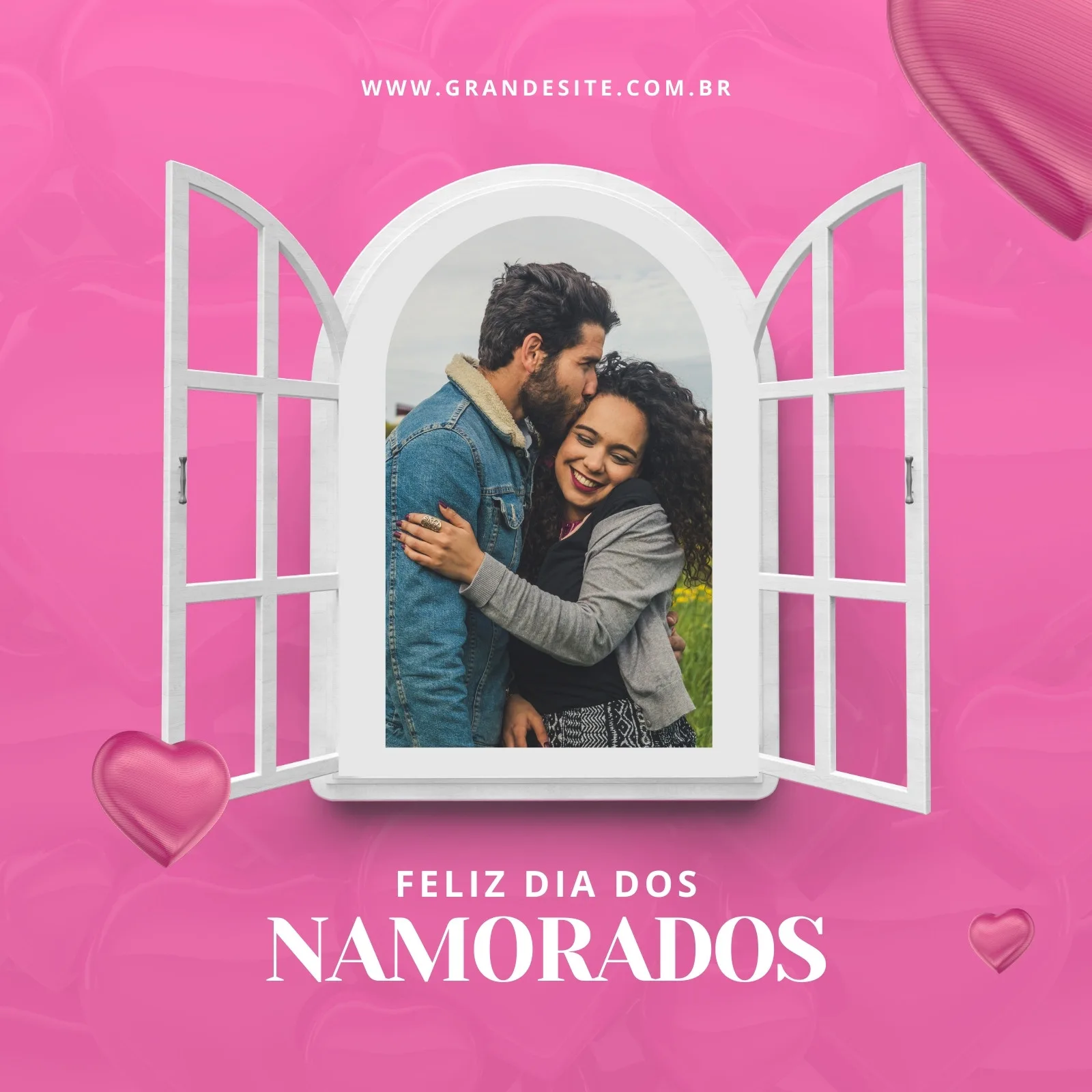 Um post para Instagram e Facebook com o tema Dia dos Namorados. Um casal de namorados é mostrado através de uma janela aberta, com corações rosas e o texto 'Feliz Dia Dos Namorados' em destaque. O fundo é rosa vibrante.