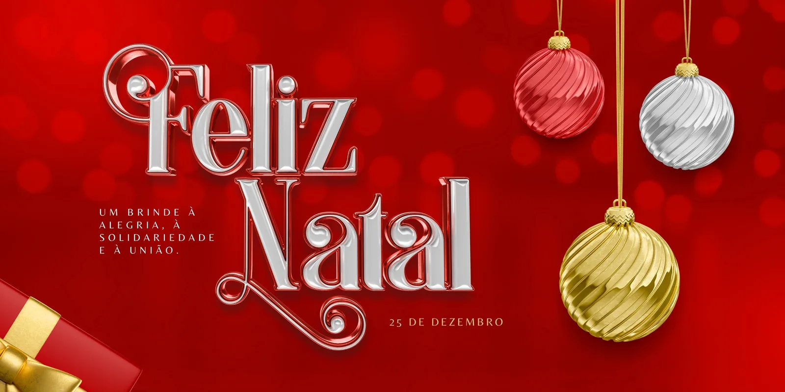 Banner horizontal de Feliz Natal em tons de prata e vermelho, com elementos festivos como bolas de Natal penduradas e um presente dourado. O texto 'Feliz Natal' em 3D se destaca, acompanhado de uma mensagem sobre alegria e união.