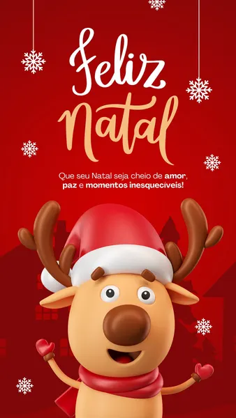 Um template de Story de Natal vibrante em fundo vermelho. Apresenta a frase 'Feliz Natal' em letras cursivas brancas e douradas, com flocos de neve decorativos. No centro, uma rena 3D sorridente usa um gorro de Papai Noel e cachecol vermelho. Ao fundo, uma silhueta sutil de uma vila natalina. Ideal para mensagens festivas e saudações de fim de ano.
