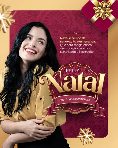 Imagem de post de Natal com uma mulher sorrindo, vestindo camisa mostarda, sobre fundo dourado. Ao lado, um painel vinho com padrão damasco e a mensagem 'Feliz Natal' em dourado 3D, com texto sobre renovação e esperança. Elementos natalinos como flocos de neve dourados e uma caixa de presente vinho com laço dourado complementam o design festivo e elegante.