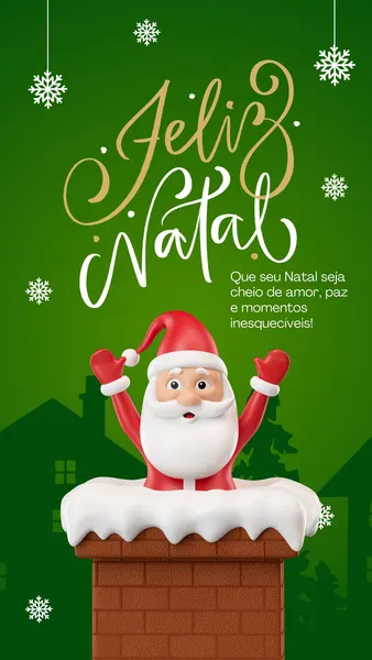 Template de Story vertical de Natal com fundo verde e flocos de neve. Apresenta um Papai Noel 3D sorridente emergindo de uma chaminé de tijolos coberta de neve. A frase "Feliz Natal" em caligrafia dourada e branca, com uma mensagem de amor e paz, ideal para posts festivos.