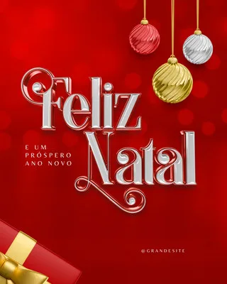 Um post de Instagram com fundo vermelho vibrante e a mensagem 'Feliz Natal e um Próspero Ano Novo' em letras 3D prateadas com contorno vermelho. Bolas de Natal penduradas e um presente decoram a cena, criando um clima festivo.