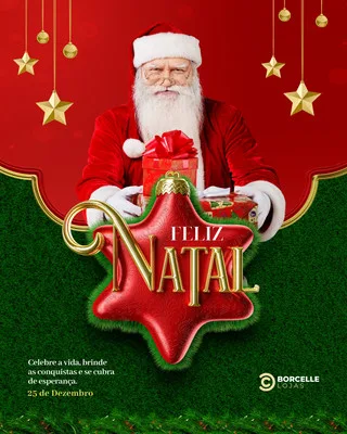 Post de Instagram com Papai Noel segurando presentes, decorado com estrelas douradas e uma grande estrela vermelha com a escrita 'Feliz Natal'. O fundo é vermelho e verde, com textura de grama, remetendo ao clima natalino.