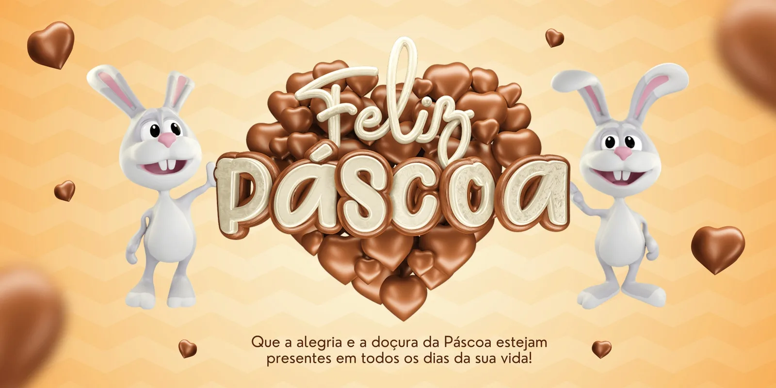 Banner horizontal com tema de Páscoa em tons de laranja e amarelo. Dois coelhinhos 3D sorridentes flanqueiam o texto "Feliz Páscoa" em 3D, formado por corações de chocolate. Pequenos corações de chocolate flutuam ao redor, criando uma atmosfera alegre e doce.