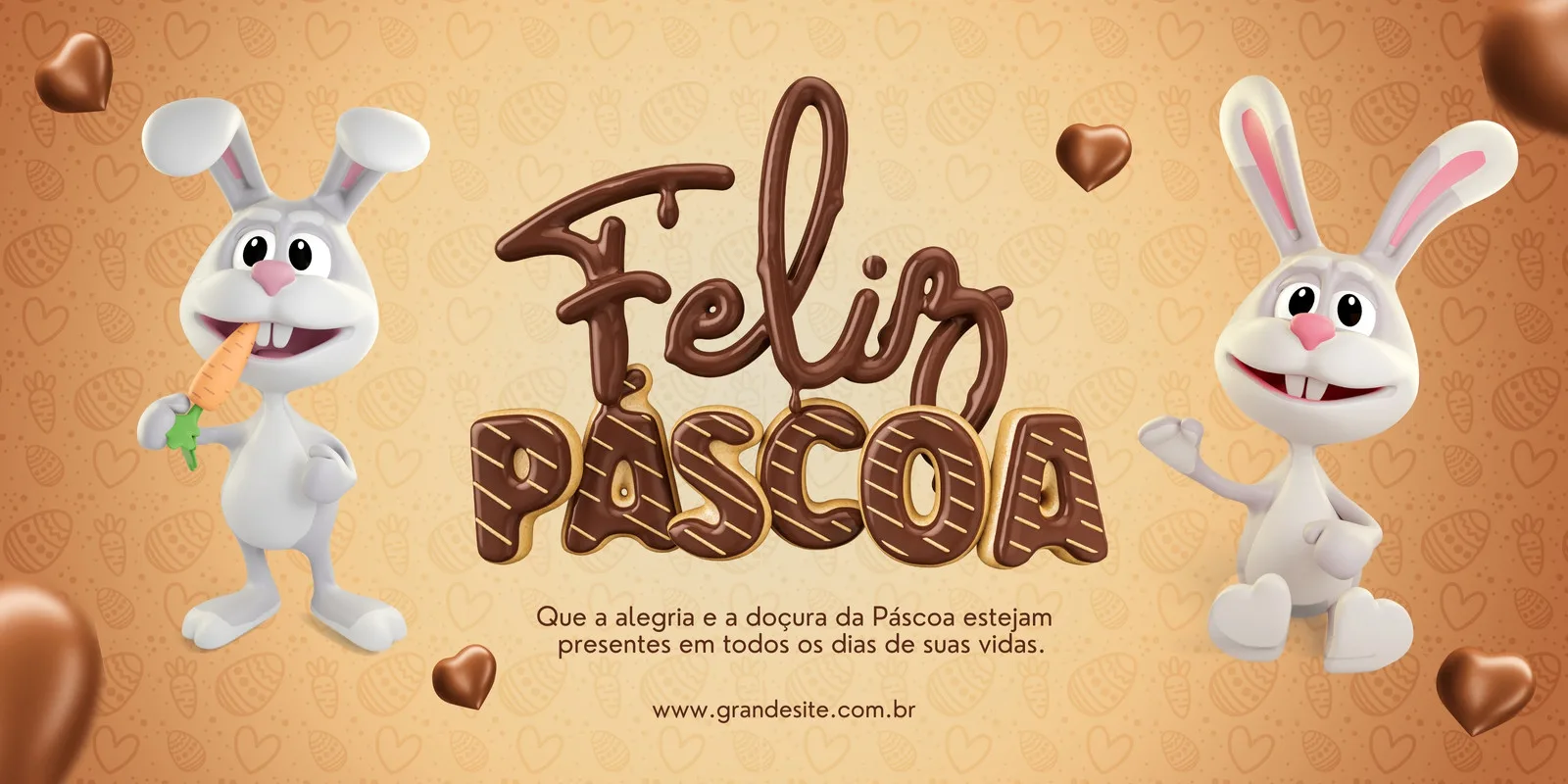 Banner horizontal com fundo marrom claro e padrão de corações e ovos de Páscoa. Dois coelhinhos fofos em 3D, um comendo cenoura e outro acenando. O texto "Feliz Páscoa" em letras grossas de chocolate domina o centro.