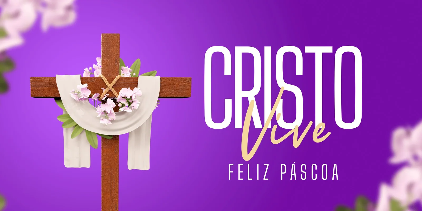 Banner horizontal com fundo roxo vibrante, apresentando uma cruz de madeira decorada com flores e um tecido branco. Ao lado, em destaque, a frase "CRISTO VIVE" e "FELIZ PÁSCOA" em letras brancas e amarelas, transmitindo uma mensagem de fé e celebração.