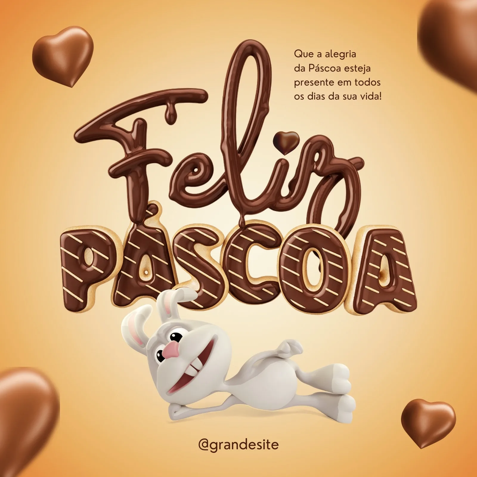 Um post de Instagram com a frase 'Feliz Páscoa' em letras 3D de chocolate e biscoito. Um coelhinho branco sorridente aparece deitado, com corações de chocolate ao redor. O fundo é um degradê laranja suave.