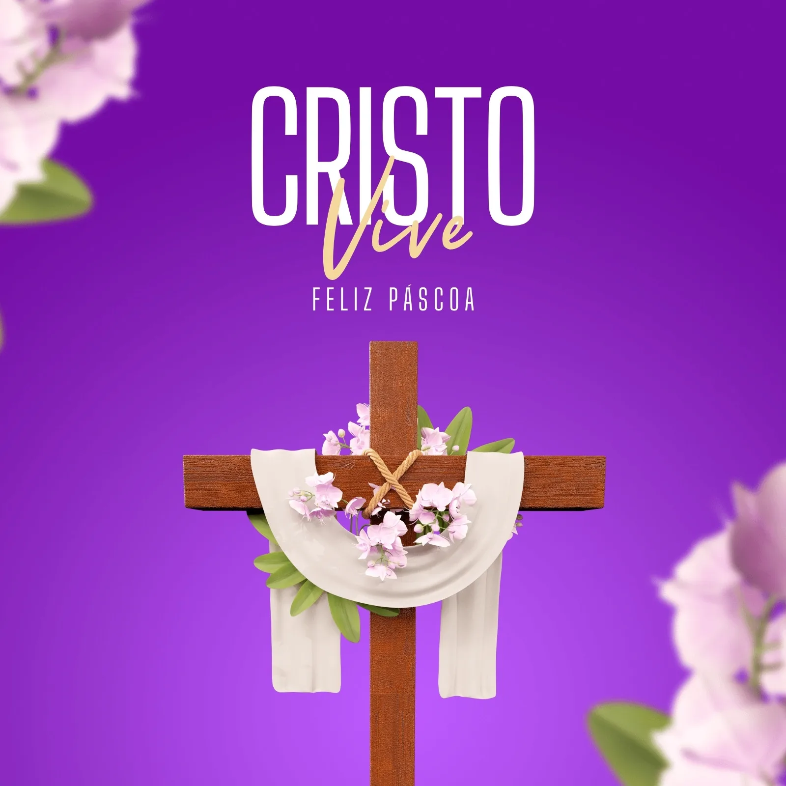 Post para redes sociais com fundo roxo vibrante, exibindo uma cruz de madeira decorada com flores delicadas e um tecido branco. O texto "CRISTO VIVE" em destaque, com "FELIZ PÁSCOA" abaixo, transmitindo uma mensagem de fé e renovação.