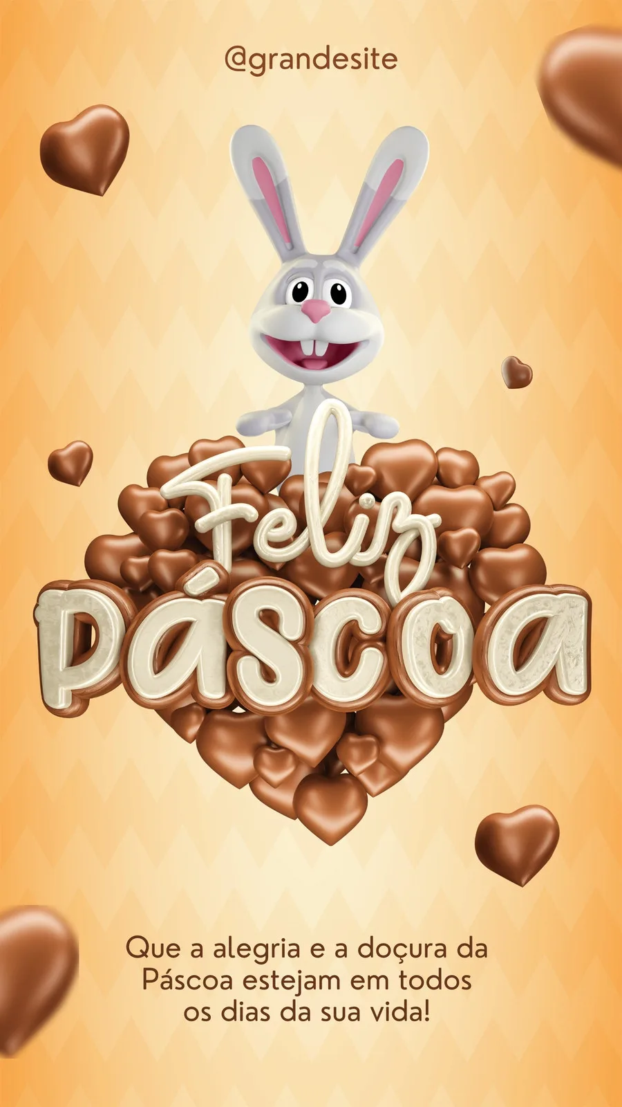 Template de Story para Instagram com tema de Páscoa. Um coelhinho fofo está em cima de um monte de corações de chocolate, com a frase 'Feliz Páscoa' em destaque. O fundo é laranja com um padrão xadrez sutil. Ideal para mensagens festivas.