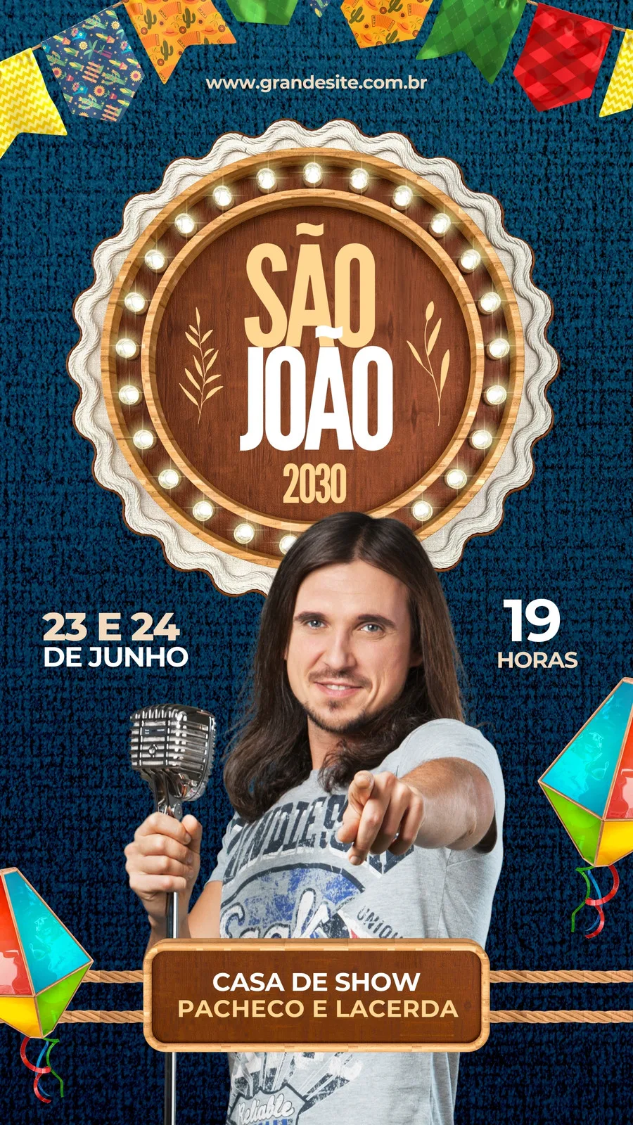 Template de Story para Instagram com tema de Festa Junina, apresentando um cantor com microfone vintage, bandeirinhas coloridas e balões. O texto central anuncia 'São João 2030' e detalhes do evento como datas e horário.