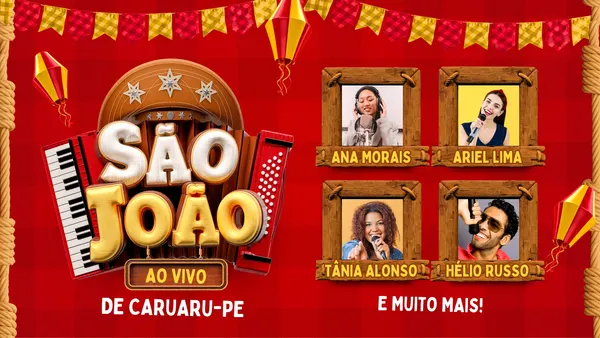 Miniatura de YouTube com fundo vermelho vibrante, decorada com bandeirinhas e balões juninos. Destaca o título "São João Ao Vivo de Caruaru-PE" com um acordeão estilizado e fotos de quatro cantores: Ana Morais, Ariel Lima, Tânia Alonso e Hélio Russo.