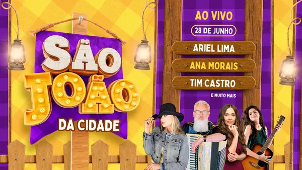 Miniatura de YouTube com o título 'São João da Cidade' em letras grandes e luminosas, cores roxo e amarelo. Inclui a data '28 de Junho' e nomes de artistas, com fotos de músicos e elementos juninos como fogueiras e lanternas.