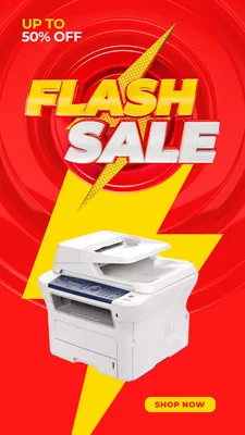 Template de Instagram Story com fundo vermelho vibrante e detalhes em amarelo, anunciando 'Flash Sale' com até 50% de desconto. Uma imagem de impressora em destaque e um botão 'Shop Now' convidam à ação rápida.