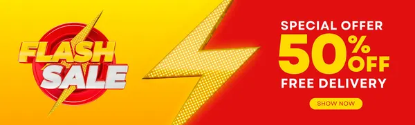 Banner horizontal vibrante em vermelho e amarelo com o texto 'Flash Sale' em destaque. Ao lado, um raio dourado divide o espaço com a oferta 'Special Offer 50% OFF Free Delivery' e um botão 'Show Now', perfeito para promoções de beleza.