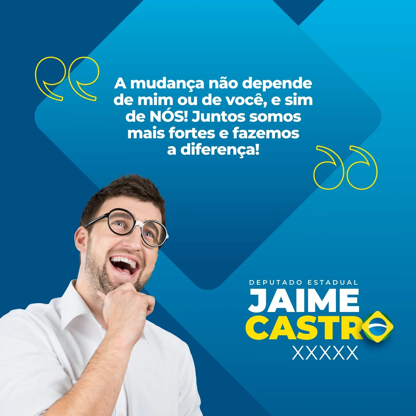 Template de post para Instagram com fundo azul e detalhes em amarelo e verde. Um homem sorridente com óculos aparece à esquerda, enquanto um texto sobre mudança e união é exibido. Abaixo, o nome 'Jaime Castro' e o cargo 'Deputado Estadual' são destacados.