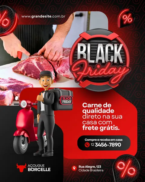 Post para Instagram de Black Friday de um açougue, com imagem de cortes de carne vermelha, um entregador em uma moto e destaque para a promoção de frete grátis. O design é moderno, com cores preto, vermelho e detalhes neon.