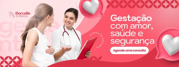Banner horizontal com fundo degradê rosa e branco, apresentando uma médica sorridente conversando com uma gestante. O texto principal é 'Gestação com amor, saúde e segurança', com um botão para 'Agende uma consulta'. Corações brancos em balões de fala decoram o banner.