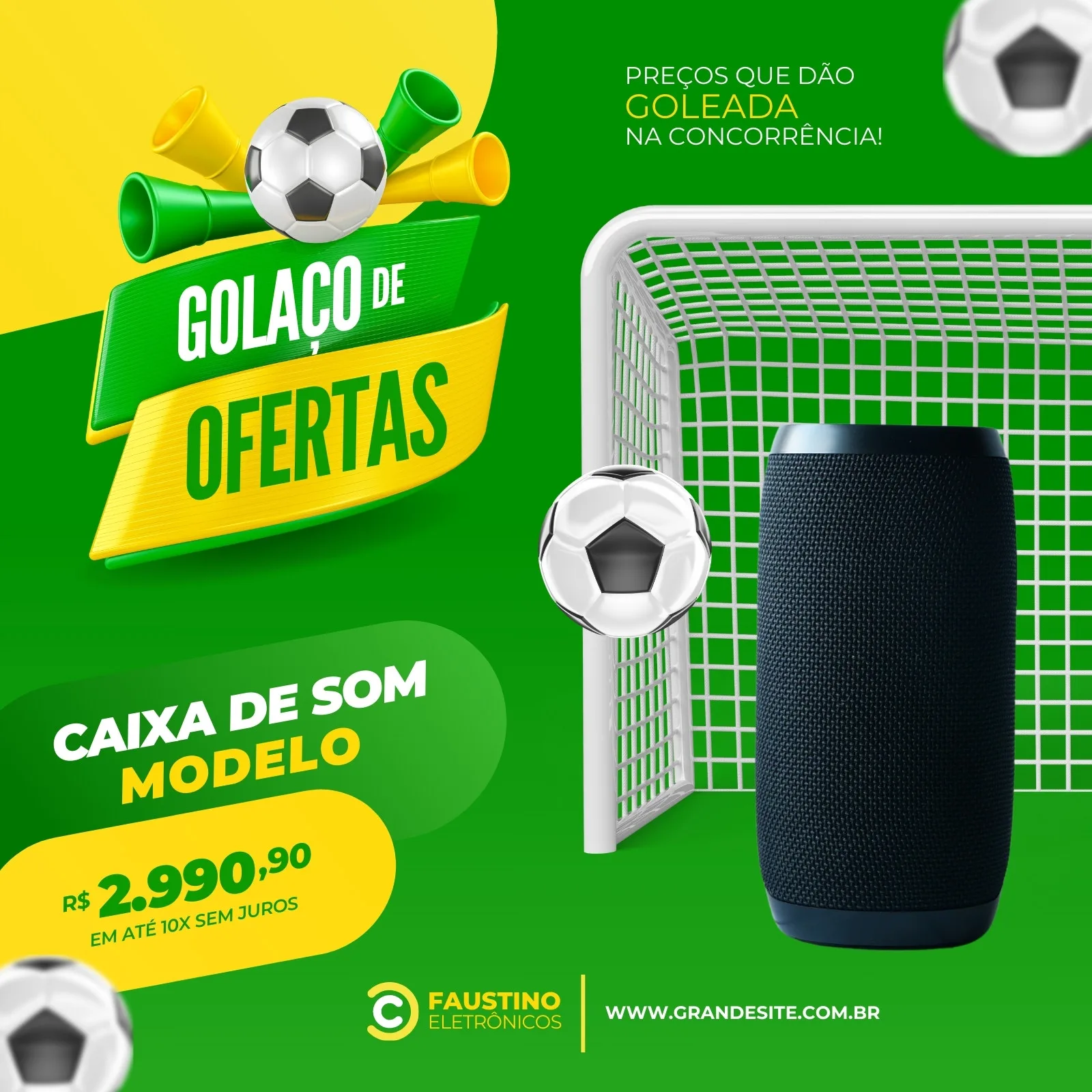 Post de Instagram com tema de futebol para loja de eletrônicos. Um gol de futebol, chuteiras, e um alto-falante são exibidos em um fundo verde vibrante com texto promocional em amarelo e branco, anunciando 'Golaço de Ofertas'.
