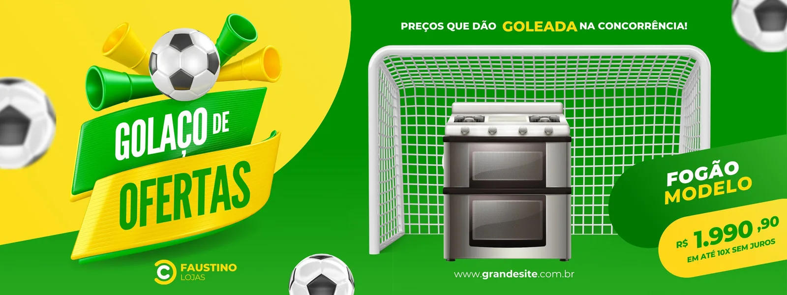Banner horizontal verde e amarelo com tema de futebol, exibindo um fogão e a mensagem "Golaço de Ofertas". Inclui uma trave de futebol e bolas, ideal para divulgar promoções em lojas de comércio.