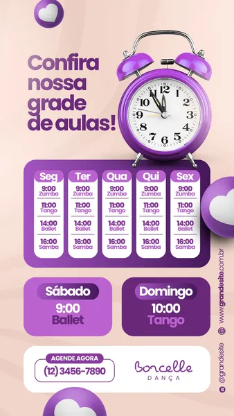 Story de Instagram para grade de aulas de dança, com fundo bege e elementos em roxo e lilás. Apresenta um despertador roxo grande, o título "Confira nossa grade de aulas!", e tabelas detalhadas com horários de Zumba, Tango, Ballet e Samba de segunda a domingo. Inclui espaço para contato telefônico e logo da escola de dança.