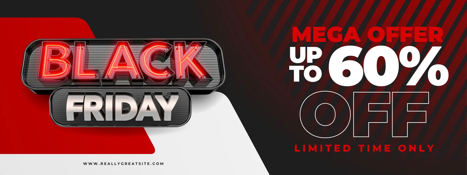 Banner horizontal para Black Friday com fundo preto e detalhes em vermelho e branco. Destaca o texto 'BLACK FRIDAY' em neon e 'MEGA OFFER UP TO 60% OFF LIMITED TIME ONLY' com grande destaque para a porcentagem de desconto.